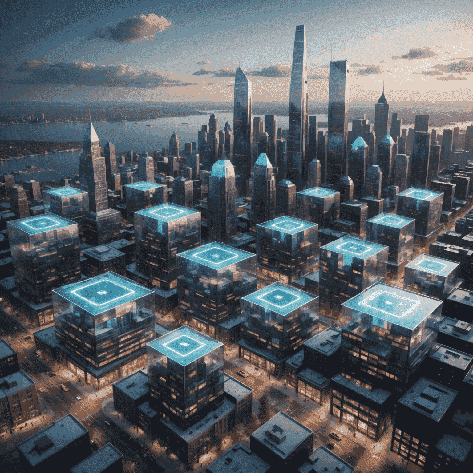 3D rendering of a futuristic Canadian cityscape with holographic real estate listings floating above buildings, showcasing the integration of metaverse technology in the real estate market