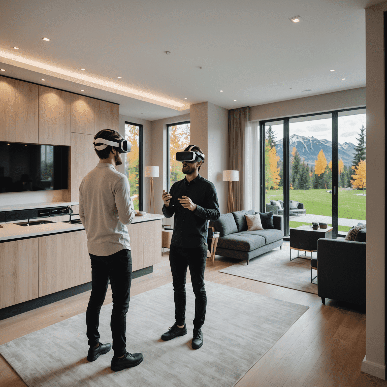 Split-screen image showing a person wearing a VR headset on one side and the corresponding virtual tour of a luxurious Canadian home on the other, highlighting the immersive nature of metaverse property tours
