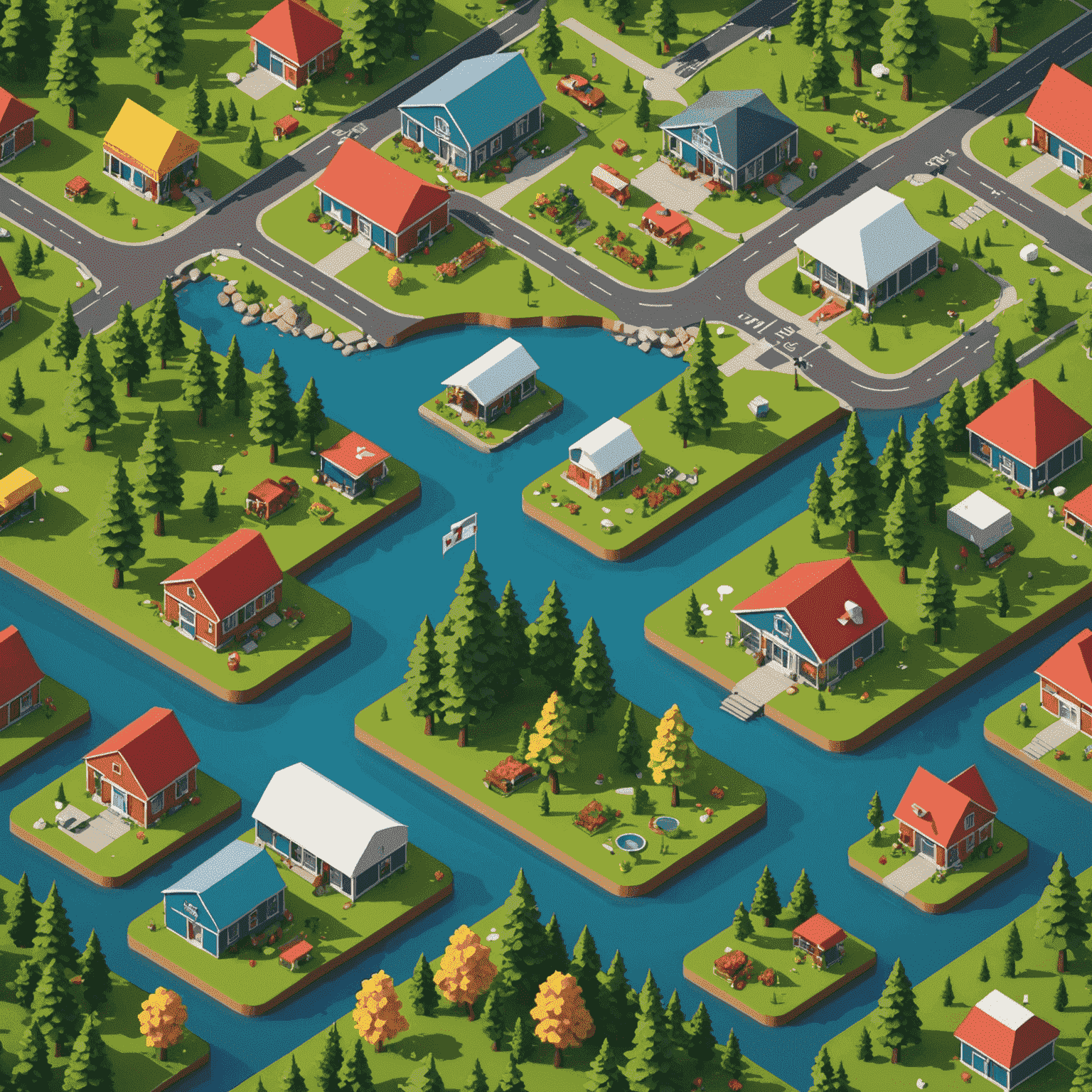 Isometric illustration of a virtual Canadian landscape with plots of digital land for sale, each showcasing different potential uses such as virtual stores, galleries, and event spaces
